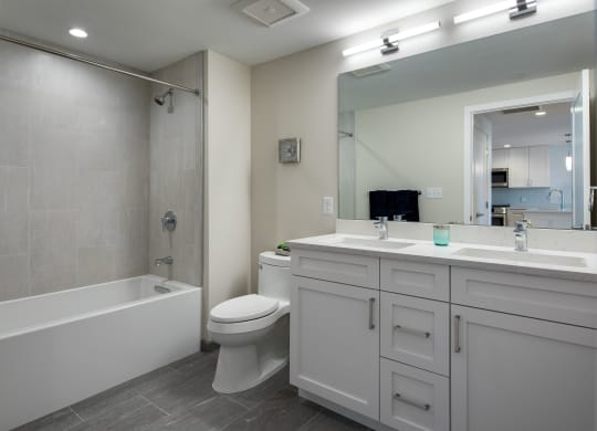 Bathroom interior with mirror at Saint James Place, Massachusetts